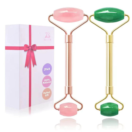 ZS ZESHIN 2 Pack Jade Facial Roller & Rose Quartz Face Roller for Wrinkles and Puffiness Natural Jade Stone Face Massager Roller